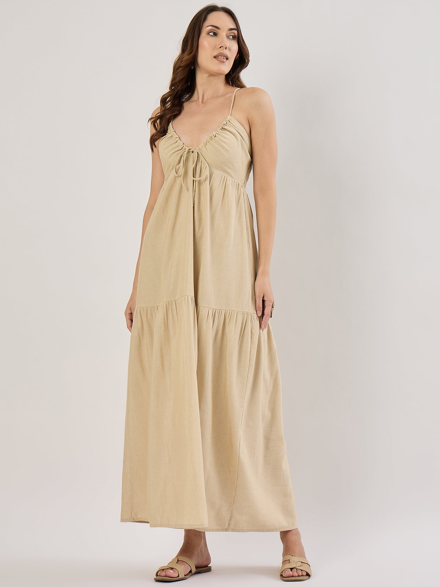 sim and sam linen dress Sim & Sam Natural Blue Floral Lace Up Ruffle Linen Blend Maxi Dress XS
