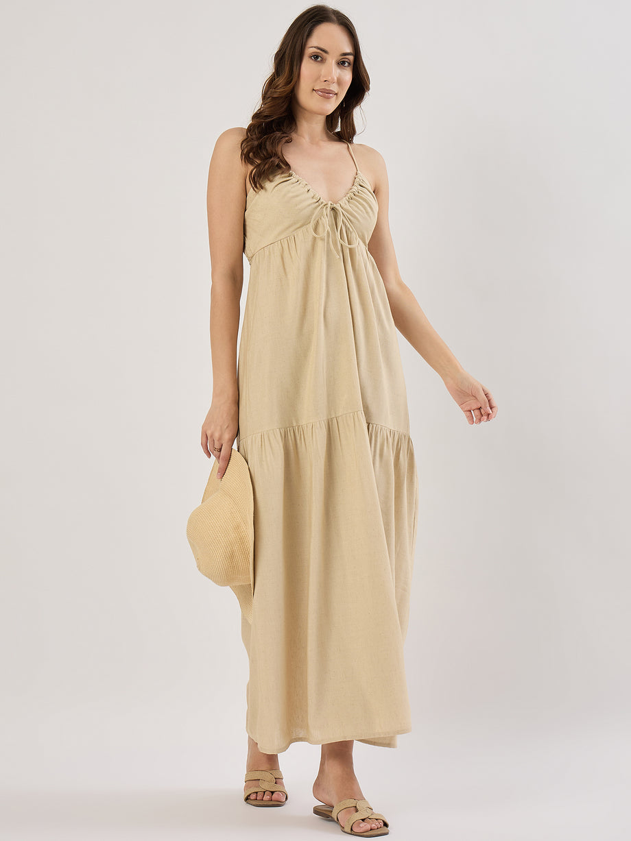 NATURAL SL HALTER V NECK LINEN