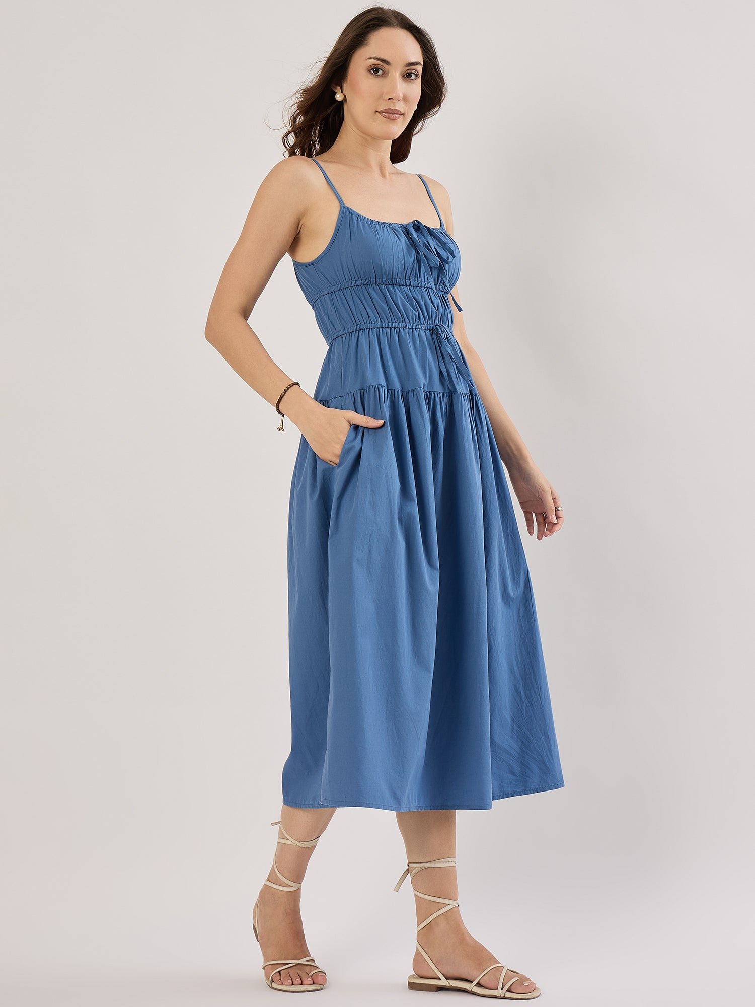 BLUE TIE FRONT MILKMAID POPLIN MIDI Sim and Sam BLUE TIE FRONT MILKMAID POPLIN MIDI Sim and Sam