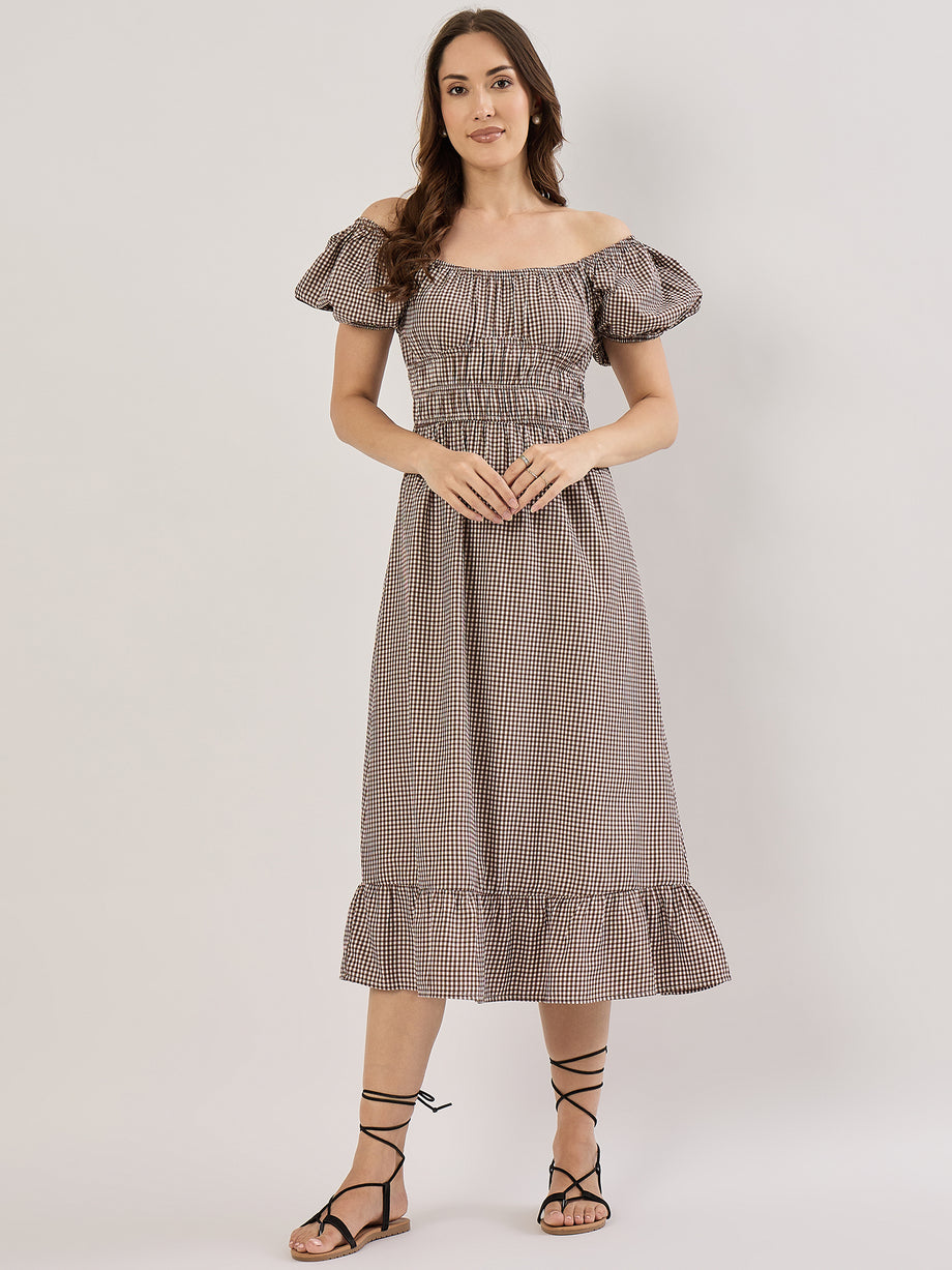 BROWN GINGHAM SS SMOCK POPLIN MIDI