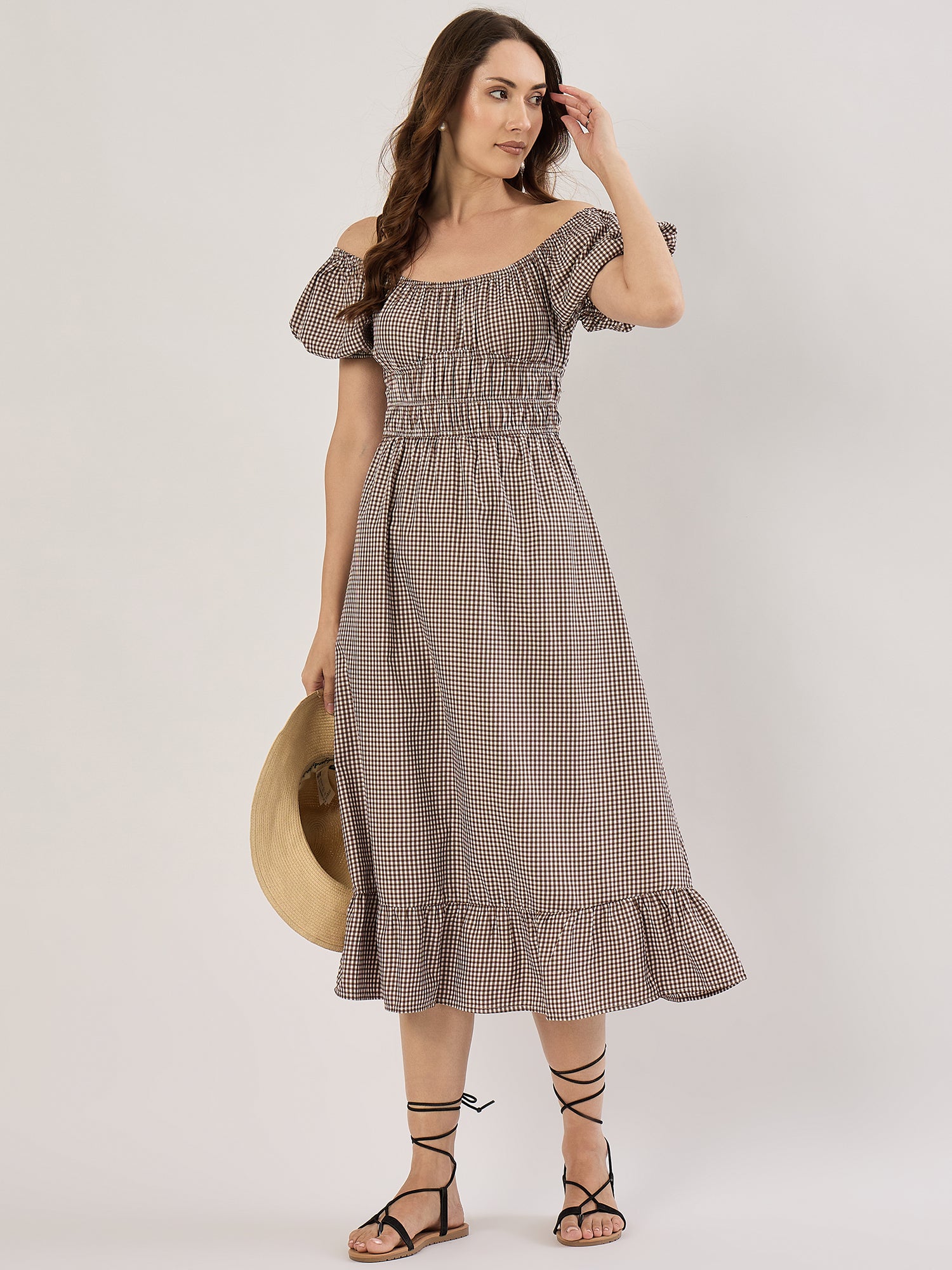 BROWN GINGHAM SS SMOCK POPLIN MIDI Sim and Sam BROWN GINGHAM SS SMOCK POPLIN MIDI Sim and Sam