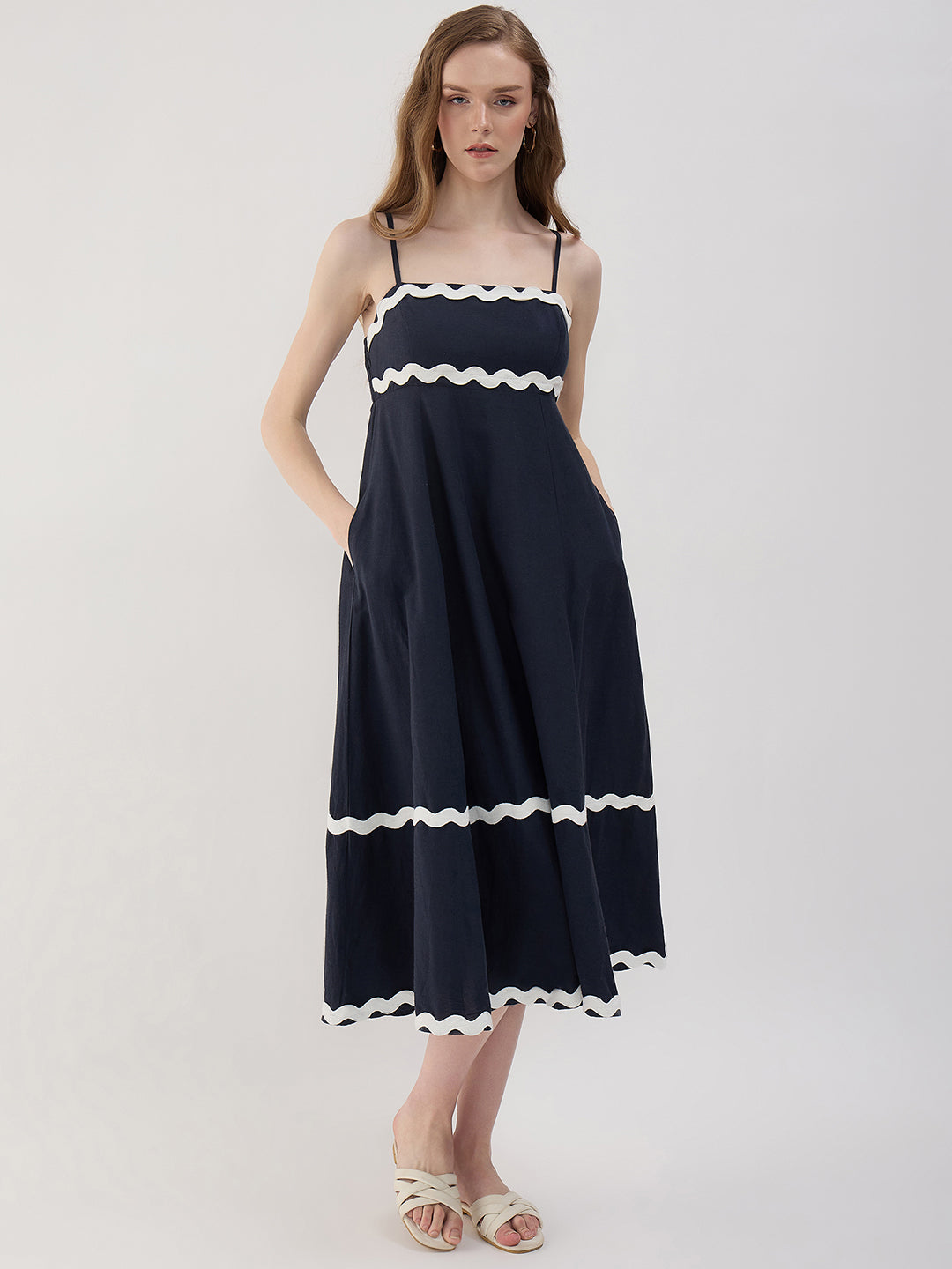 NAVY/WHITE RIC RAC SL LINEN MAXI