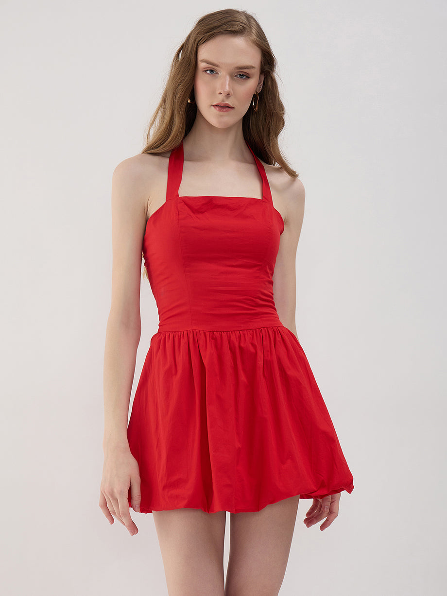 RED HALTER BUBBLE POPLIN FIT & FLARE – Sim and Sam