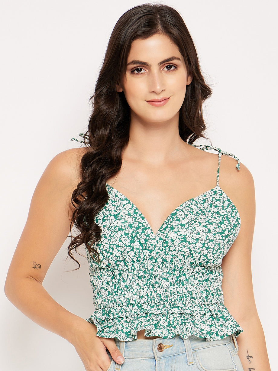 SHADY GREEN WHITE DITSY POPLIN SMOKED WAIST TANK TOP – Sim and Sam