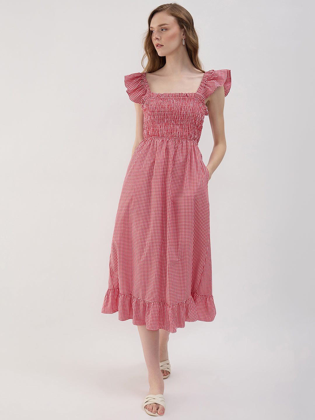 RED GINGHAM SMOCK FLUTTER SLV POPLIN RED GINGHAM SMOCK FLUTTER SLV POPLIN