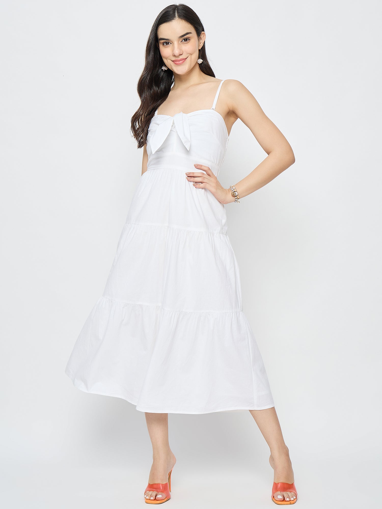 WHITE POPLIN MIDI DRESS REMOVABLE STRAPS