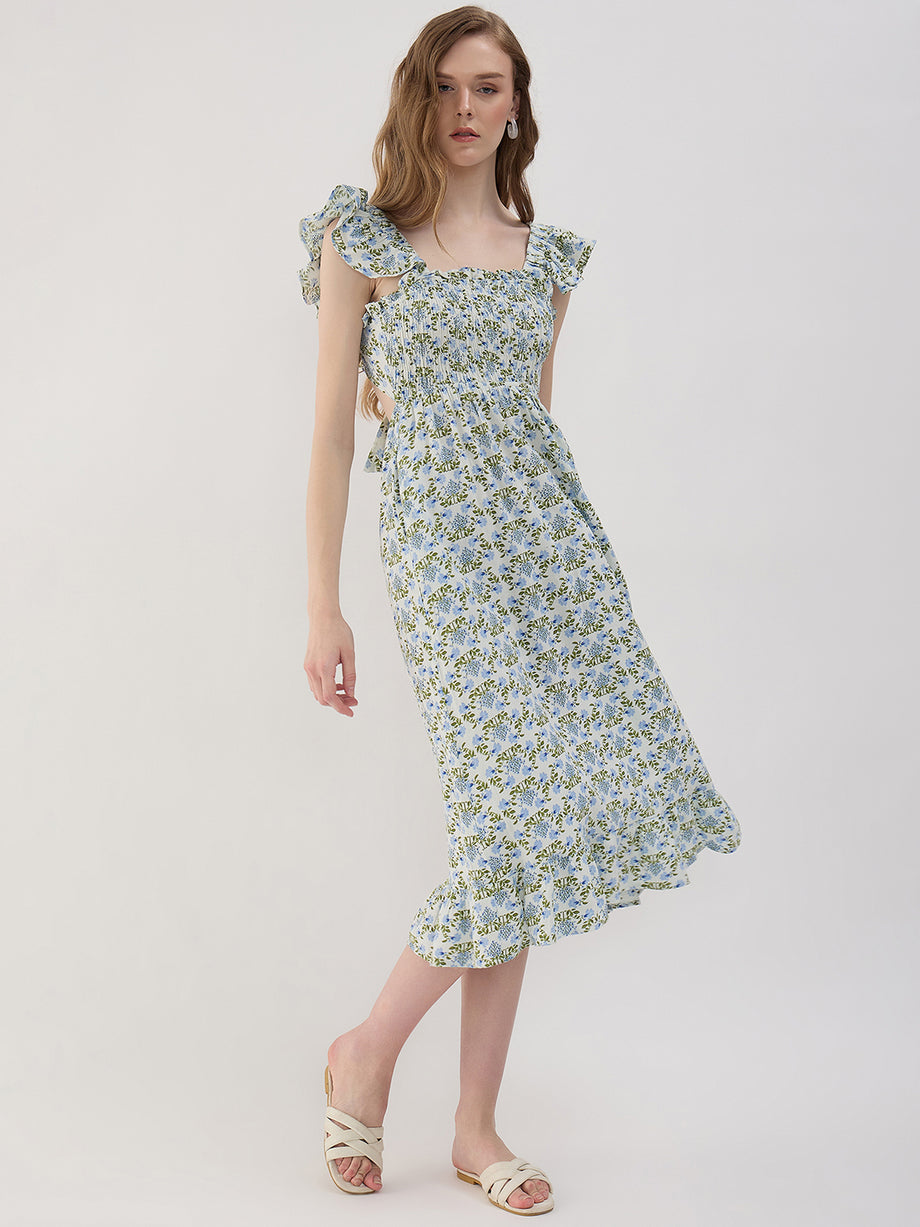 RUFFLE SLEEVE FLORAL LINEN MIDI