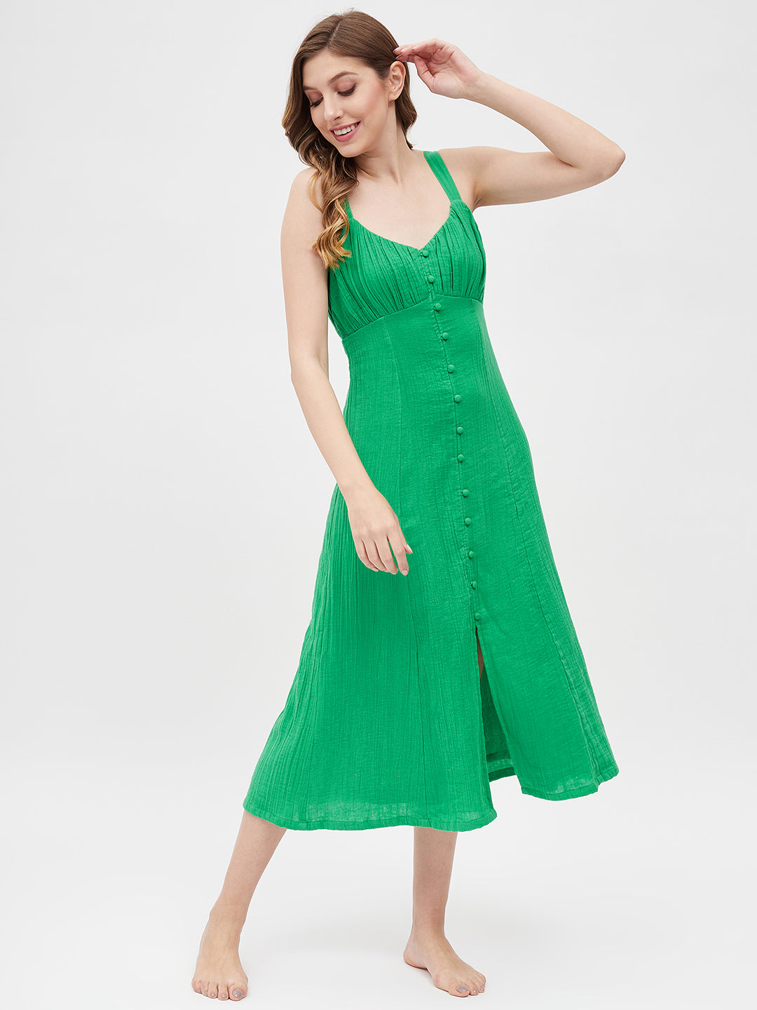 KELLY GREEN DOUBLE GAUZE FRONT BUTTON MIDI DRESS Sim and Sam KELLY GREEN DOUBLE GAUZE FRONT BUTTON MIDI DRESS Sim and Sam