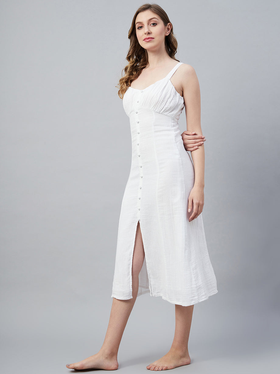 WHITE DOUBLE GAUZE FRONT BUTTON MIDI DRESS – Sim and Sam