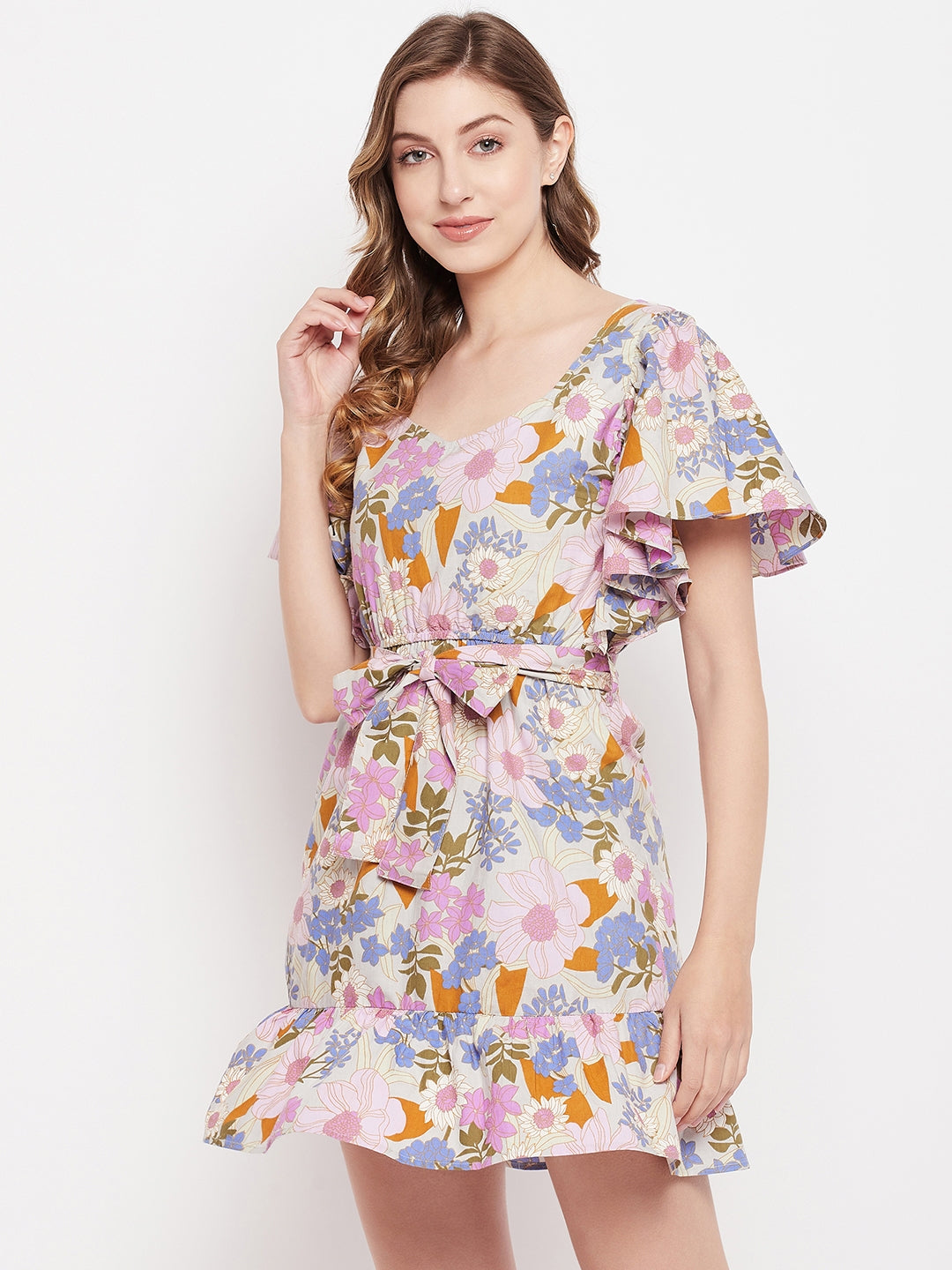 PURPLE FLORAL POPLIN PRINT MINI DRESS Sim and Sam PURPLE FLORAL POPLIN PRINT MINI DRESS Sim and Sam