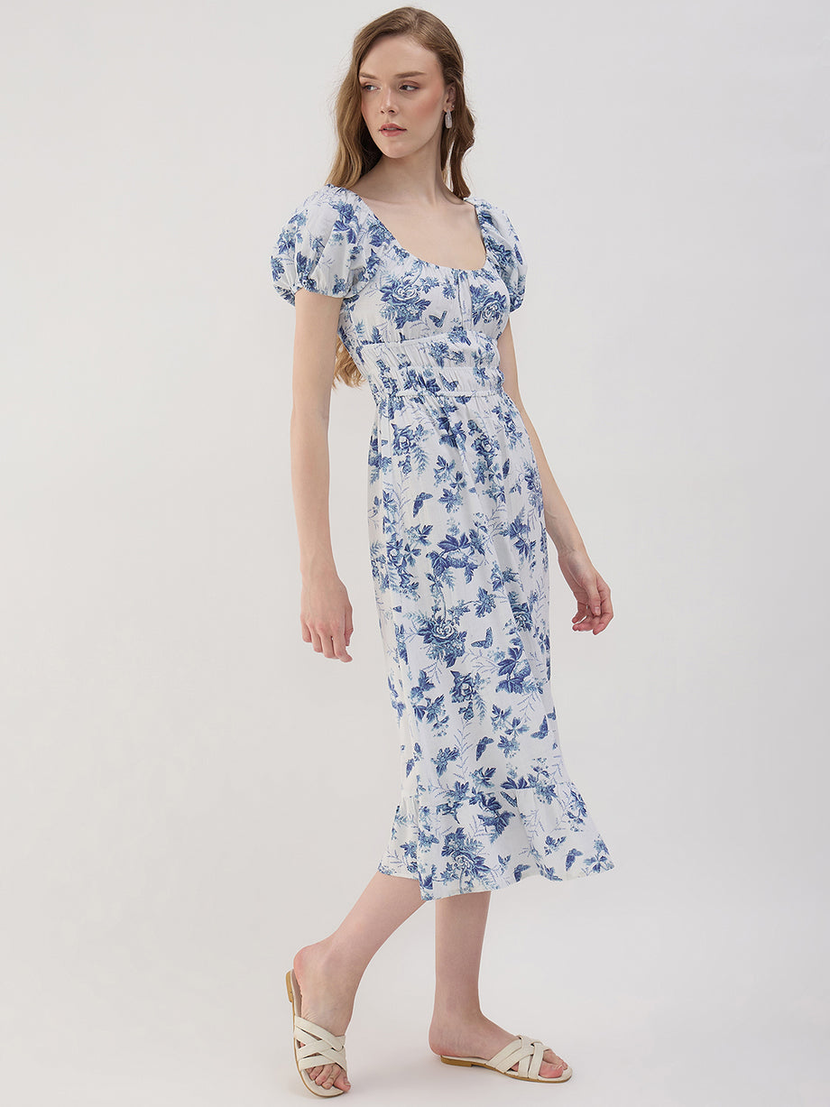 blue floral smock midi dress Nellie Smocked Midi Dress  Dusty Blue Floral