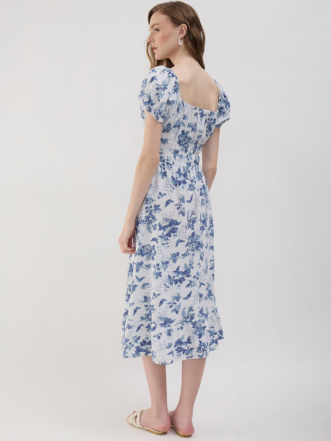 blue floral smock midi dress Blue Ditsy Floral Print Smock V Neck Round Hem Side Slit Midi Dress