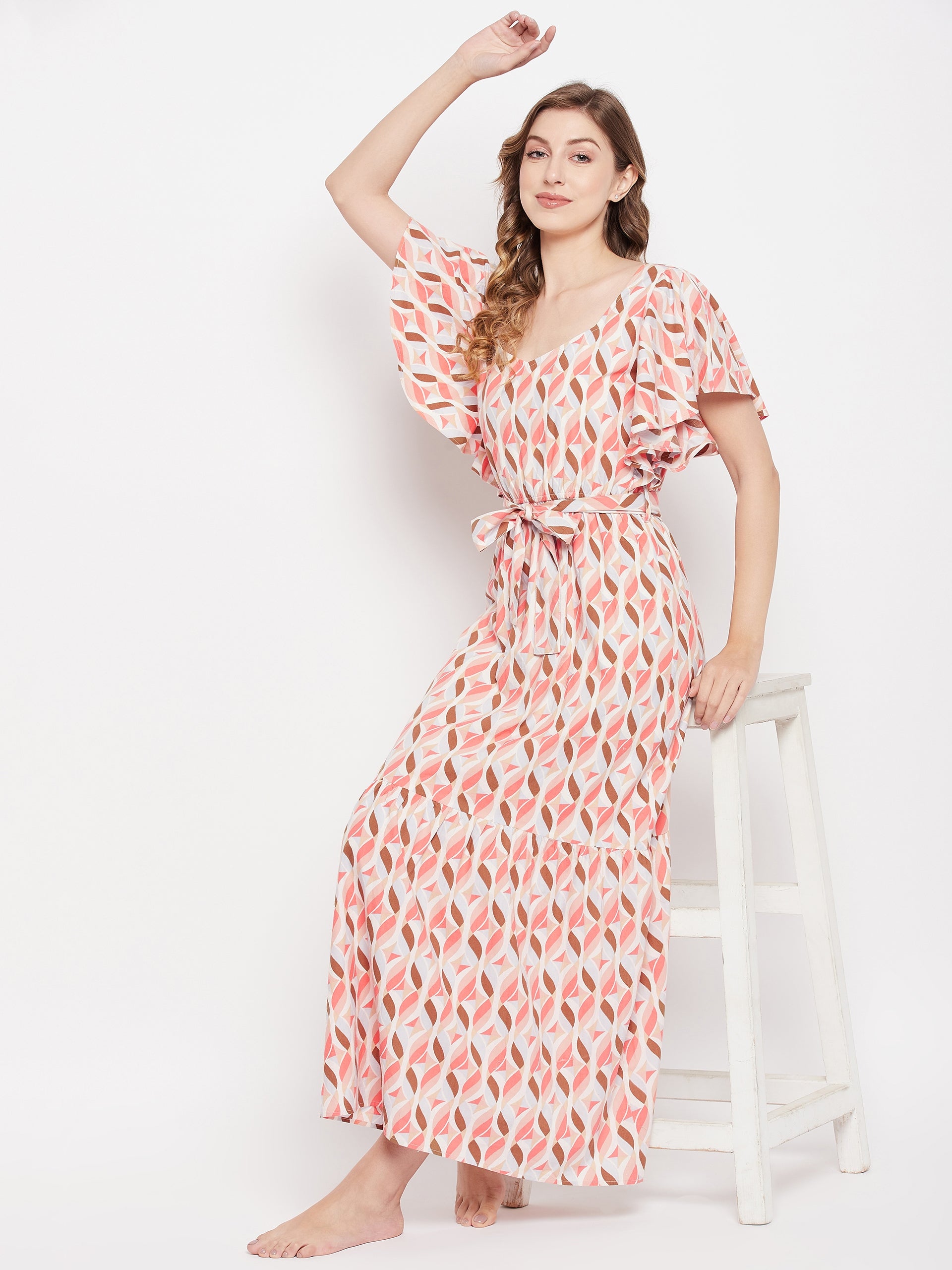 CORAL GEO POPLIN MAXI DRESS