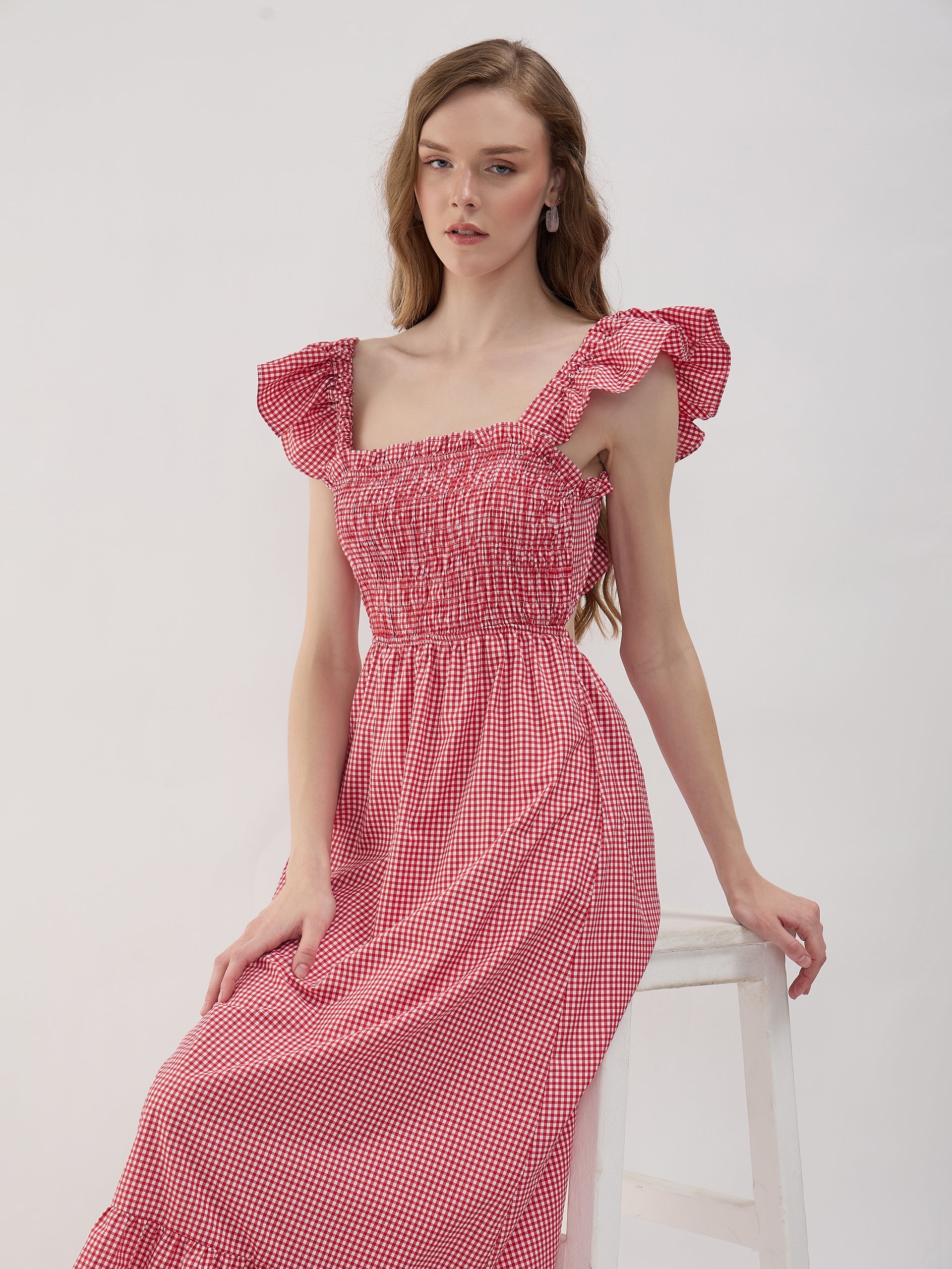 red gingham dress for women Halter Neck Circle Skirt Red and white gingham dress Cara designed in a sleeveless midi length with a loose Red Gingham Dress with Sleeveless