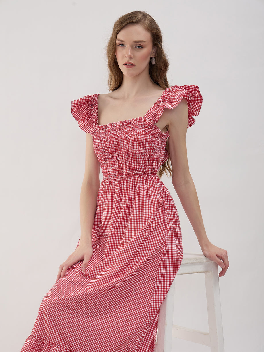 red gingham dress for women DMOYALA Sleeveless Maxi Dress Plaid Dress Scoop Neck Smocked Dress High Waist Flowy Dresses S at Amazon Women's Clothing store Magnolia Boutique Ebony gingham lace-trimmed cotton-blend midi