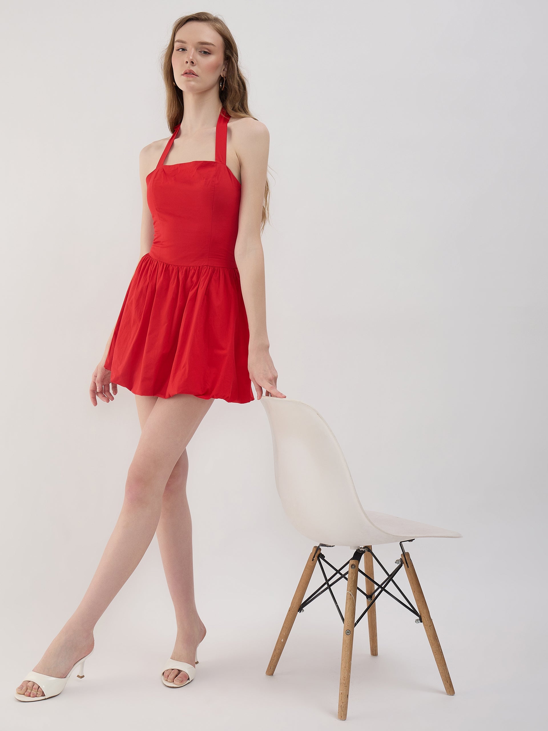 RED HALTER BUBBLE POPLIN FIT & FLARE Sim and Sam RED HALTER BUBBLE POPLIN FIT & FLARE Sim and Sam